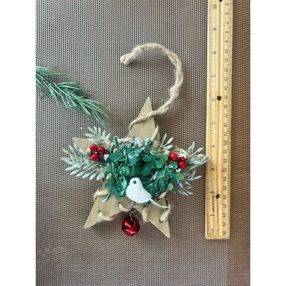 Rustic Wooden Star Christmas Ornament White Paper Bird Greenery Jingle Bell - Picture 3 of 3